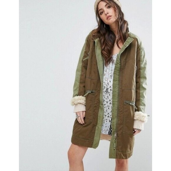 Free People Jackets & Blazers - Free People Talis Sherpa Parka Coat Jacket L Army Green Long Military Trench